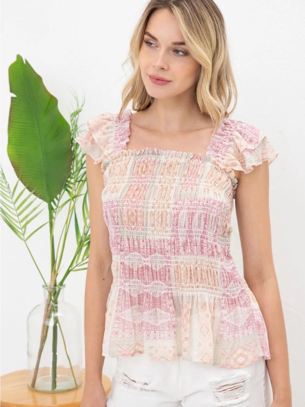 Smocked Square-Neck Ruffle Strap Top - Pink Multi